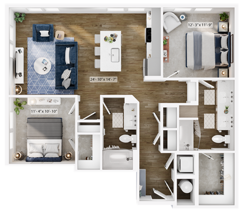 the 1 bedroom floor plan is shown here with the furniture layouts